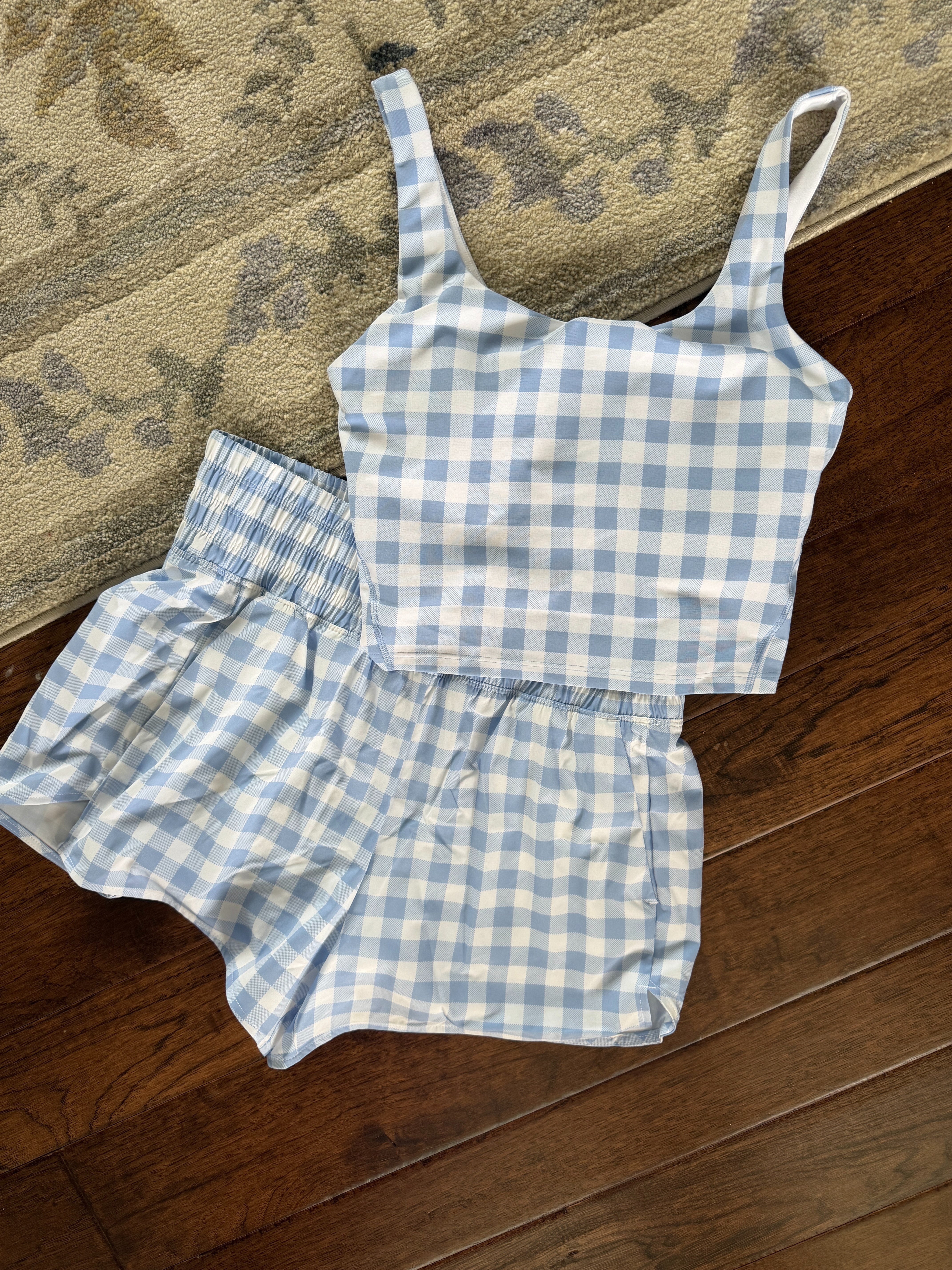 Old Navy workout set! Love the gingham look. The shorts are out of stock, but I linked the same color in biker shorts! On sale now and perfect for spring. 

 #LTKootd #LTKSeasonal #LTKSaleAlert