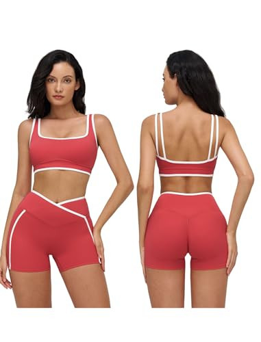 Two Piece Workout Sets for Women Backless Color Block Crop Tank Sports Bra Matching High Waist Booty Lifting Biker Shorts Womens Athletic Work Out Set 2 Piece Gym Yoga Active Wear Outfits M Red | Amazon (US)
