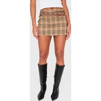 Mustard Plaid Printed Double Belt Tailored Low Rise Mini Skirt | PrettyLittleThing US