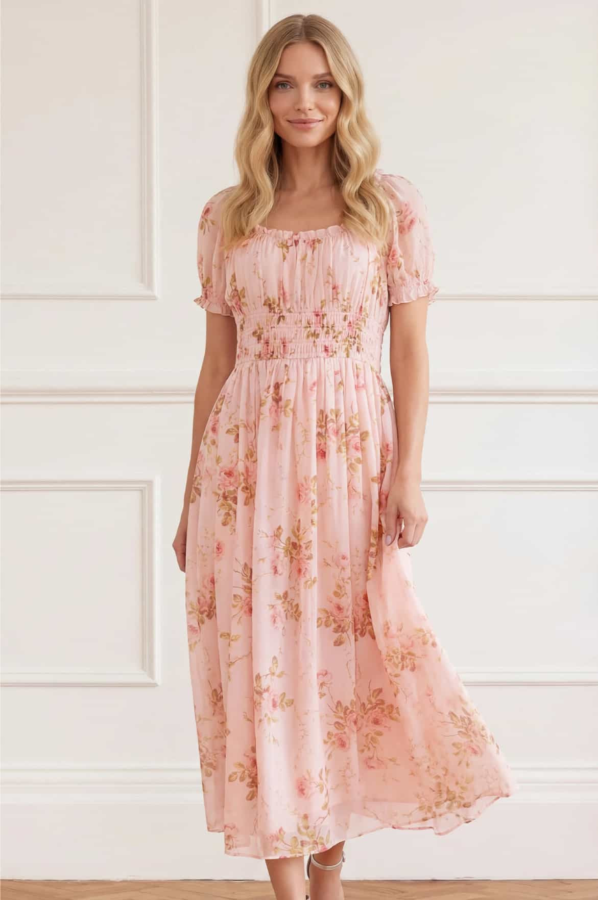 Summer's Rose Shirred Short Sleeve Ballerina Dress | Needle & Thread