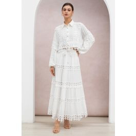 Disc Cutwork Lace Buttoned Top and Tiered Maxi Skirt Set in White for Afternoon Tea & Resort Dinn... | Chicwish