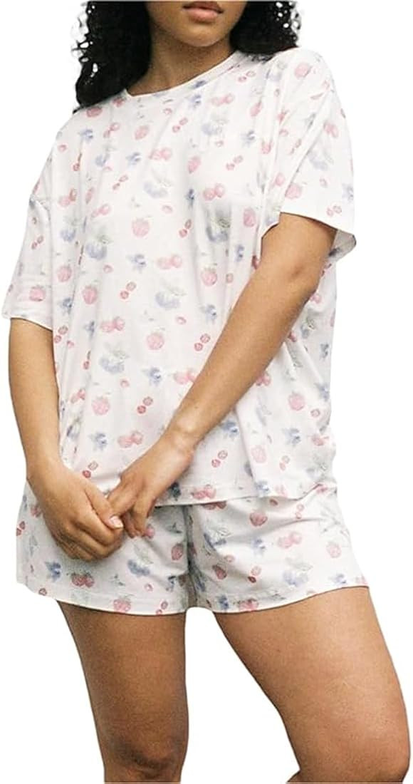 Women Y2K 2 Piece Strawberry Fruit Pajamas Set Long Sleeve Shirt Relaxed Fit Shorts Two Piece Pj ... | Amazon (US)