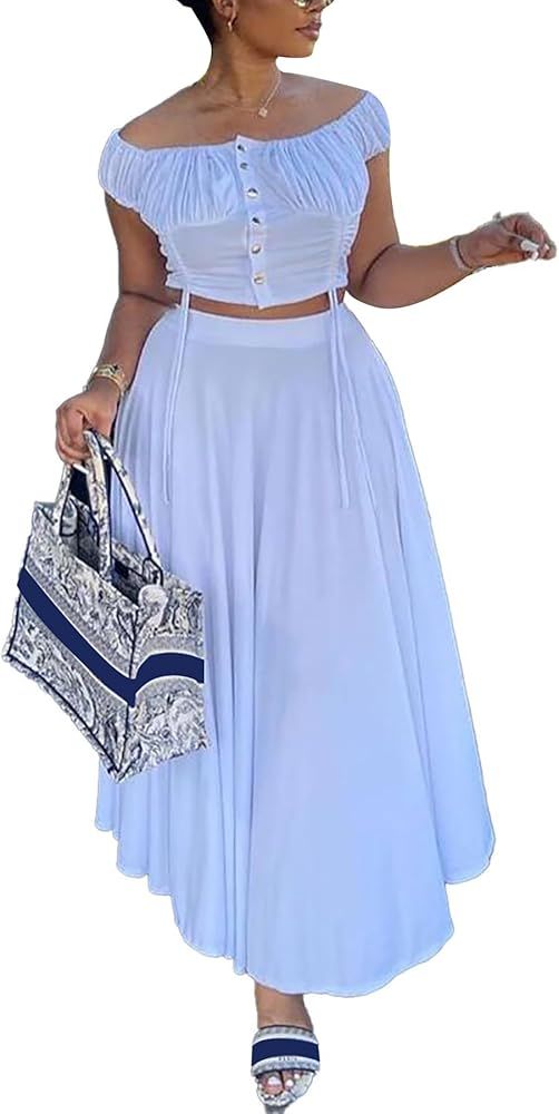 Women's 2 Pieces Outfits off Shoulder Tie Crop Top Flowy Maxi Skirt Dress Set | Amazon (US)