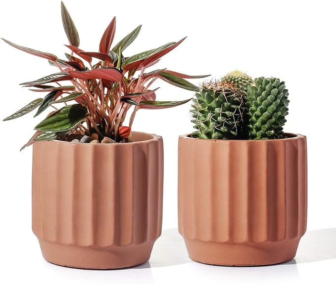 POTEY Cement Indoor Plant Pots - 4 Inch Medium Planter Flower Containers Clay Modern Decorative w... | Amazon (US)
