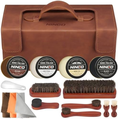 NINGO Leather Shoe Polish Kit, 16pcs Shoe Shine Kit with 6 Horsehair Brushes, 3 Black Brown Neutr... | Amazon (US)