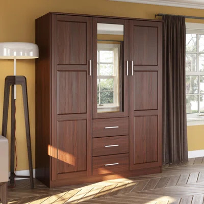 Aveah 100% Solid Wood Wardrobe Closet with Mirror, Drawers & Adjustable Shelves – Modern 3 Door Bedroom Armoire Storage Cabinet | Wayfair North America