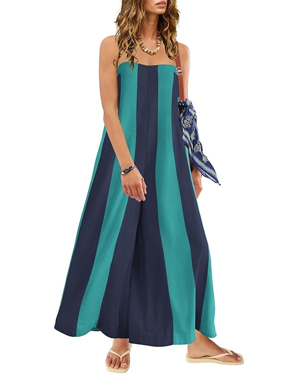 ReachMe Womens Summer Strapless Jumpsuits Striped Wide Leg Pants Romper with Pockets Travel Vacat... | Amazon (US)