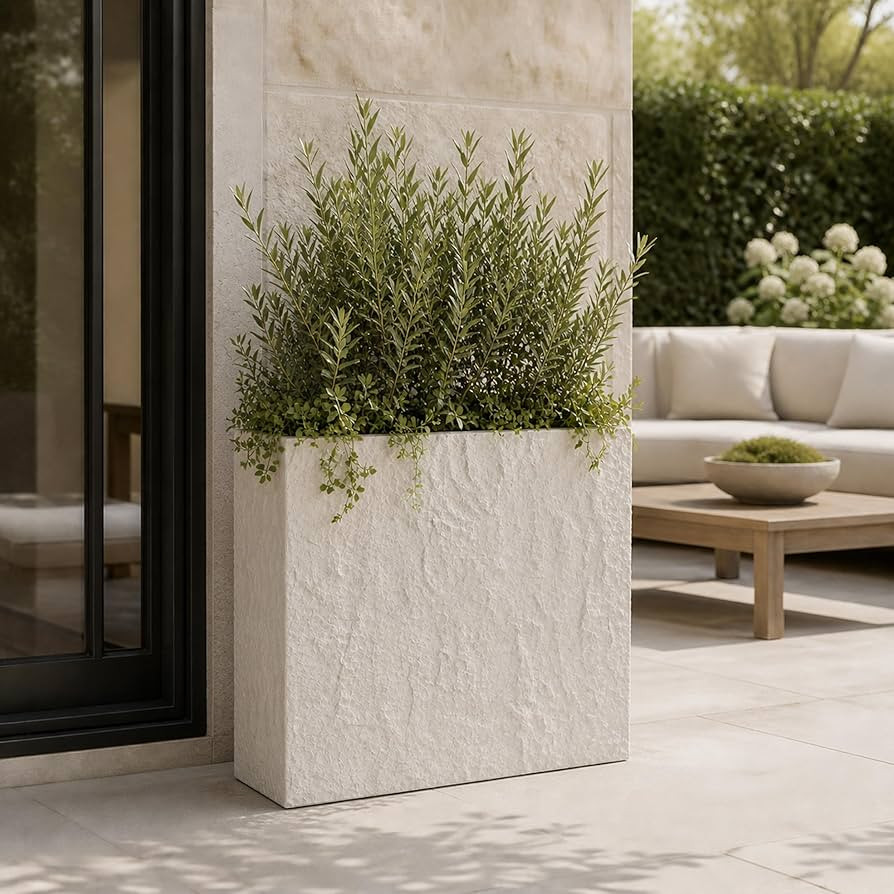 Rock Texture Rectangular Polystone Planter Box, White, 32.7 x 13 x 28.3 in | Amazon (US)