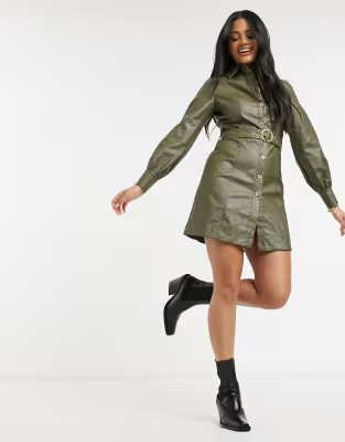 Violet Romance belted PU shirt dress in khaki | ASOS (Global)
