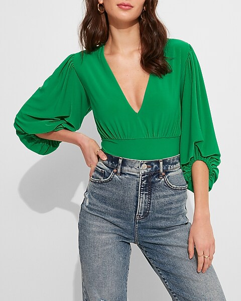 Deep V-Neck Balloon Sleeve Thong Bodysuit | Express