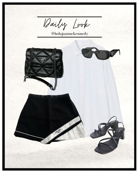 monochrome outfit idea, black and white outfit inspo, tennis skirt, prada outfit, linen shirt look, summer fashion, outfit inspo, daily outfit ideas, simple styling, prada mini skirt, prada sunglasses 

#LTKstyletip #LTKeurope