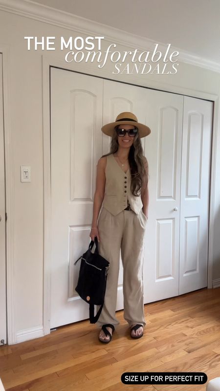 Linen nude vest is sz XS - I sized down
Linen tailored pants are sz 2. 
I’m 5’5” 122 lbs 

All from Target whole set is $50!

Leather comfortable flat sandals area must have! Better than Birkenstock sandals. Make sure to size up.

Panamahat is my all time fave hat!

Perfect travel look

#LTKfindsunder50 #LTKsalealert #LTKover40