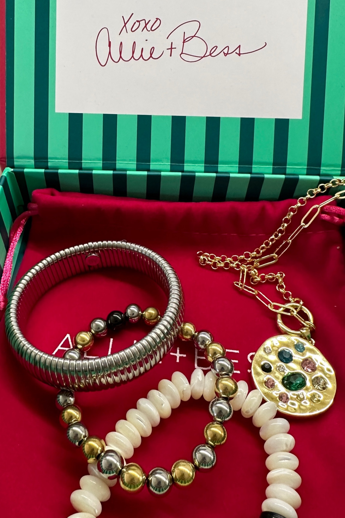 Beautiful under $100 jewelry gifts from Allie and Bess
🎁
Silver and gold bracelet stack 
Jeweled pendant in gold or silver with multicolor stones 

#LTKGiftGuide #LTKFindsUnder100 #LTKHoliday