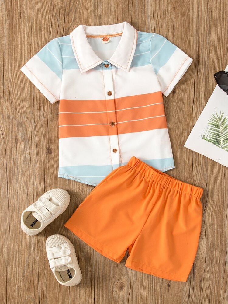 Toddler Boys Block Striped Shirt & Shorts | SHEIN