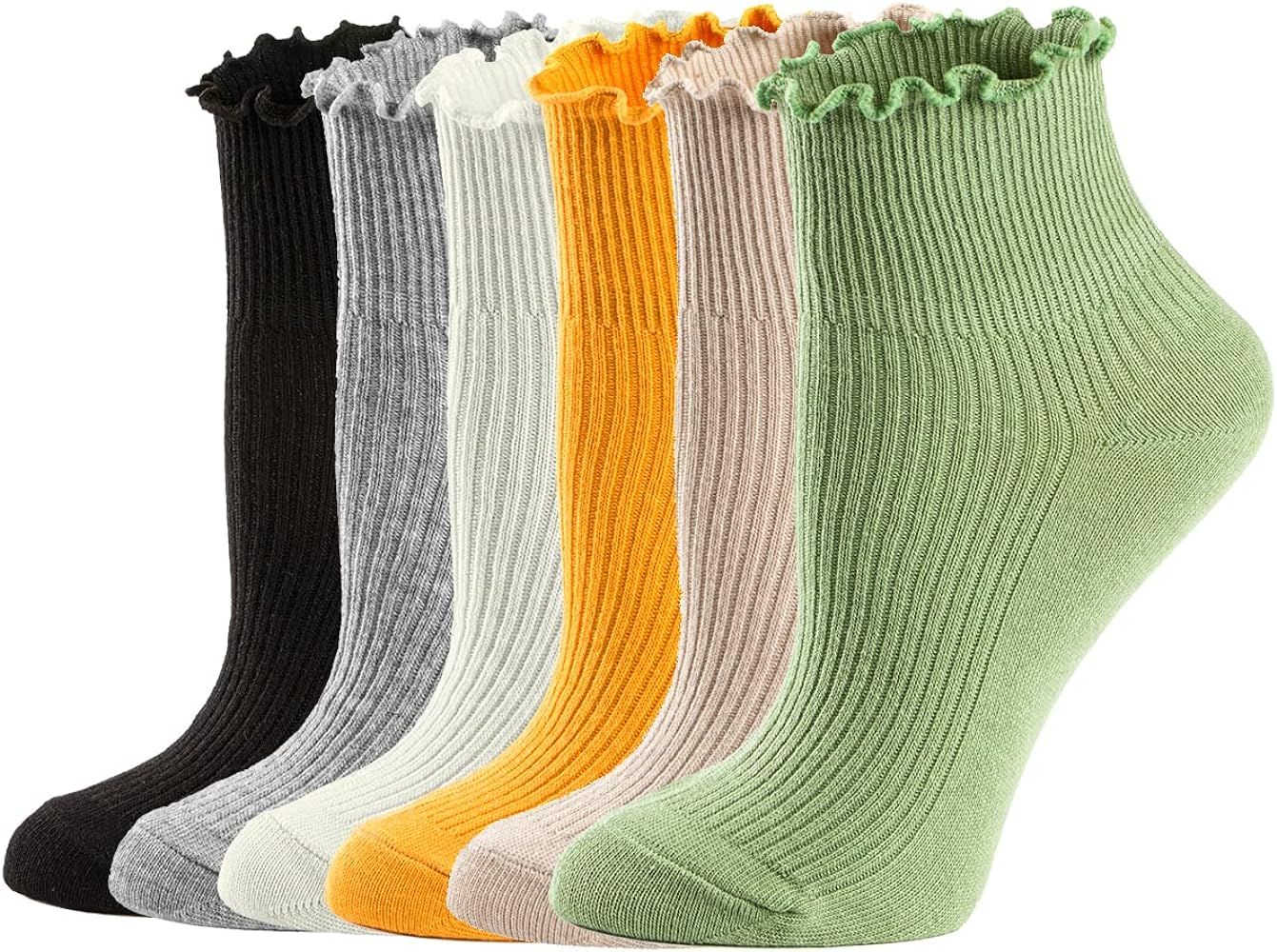Mcool Mary Womens Socks, Ruffle Turn-Cuff Casual Ankle Socks Breathable Cool Knit Cotton Lettuce Crew Frilly Sock 6 Pack | Amazon (US)