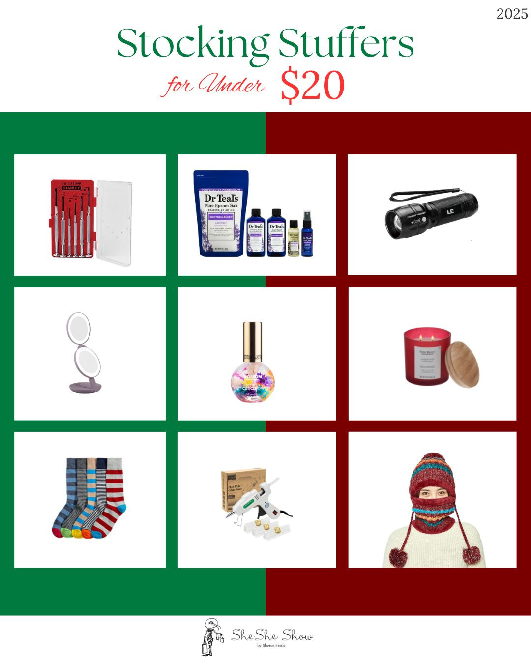  Stocking Stuffers for her under $20
Great budget friendly items to please 
Socks, bracelets, bag charm,
Makeup brushes, hair clips, water bottle, earrings, hair care products, self care products, candles, travel mirrorrs

 

#LTKSaleAlert #LTKGiftGuide #LTKFindsUnder50