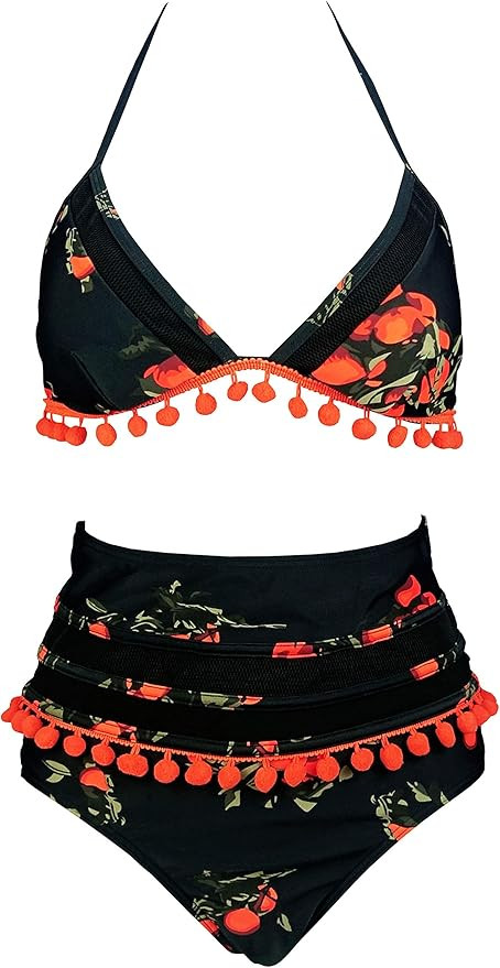 COCOSHIP Women's Mesh Striped High Waist Bikini Set Tassel Trim Top Halter Straps Swimsuit(FBA) | Amazon (US)