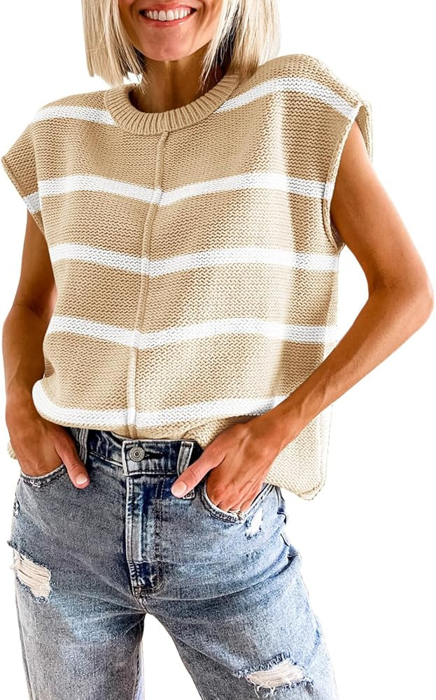 Saodimallsu Womens Cap Sleeve Tank Tops Striped Crew Neck Casual Loose Fit Spring Summer Pullover... | Amazon (US)