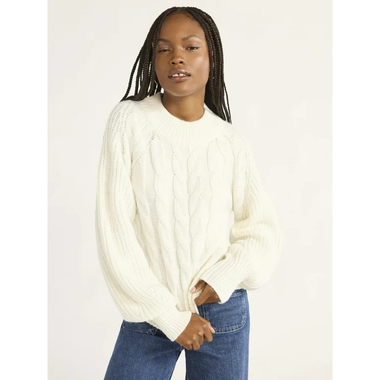 Free Assembly Women’s Mock Neck Cable Knit Sweater, Midweight, Sizes XS-XXL | Walmart (US)