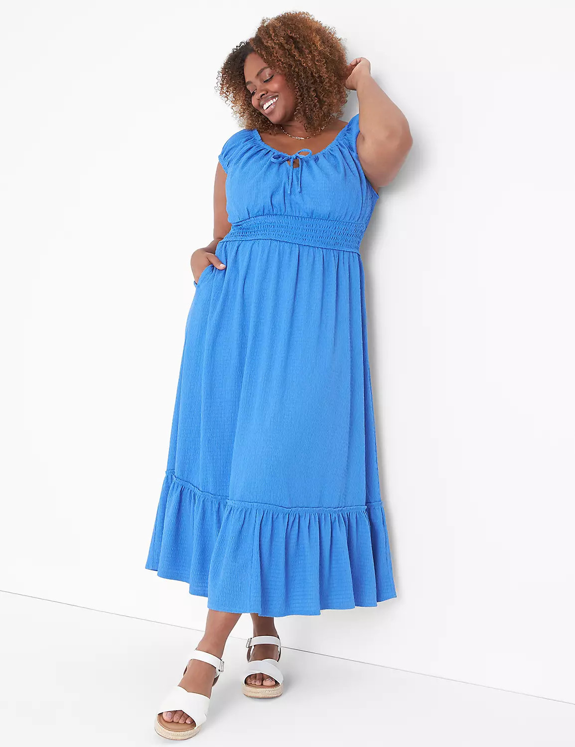 Cap-Sleeve Smocked-Waist Midi Dress | LaneBryant | Lane Bryant (US)