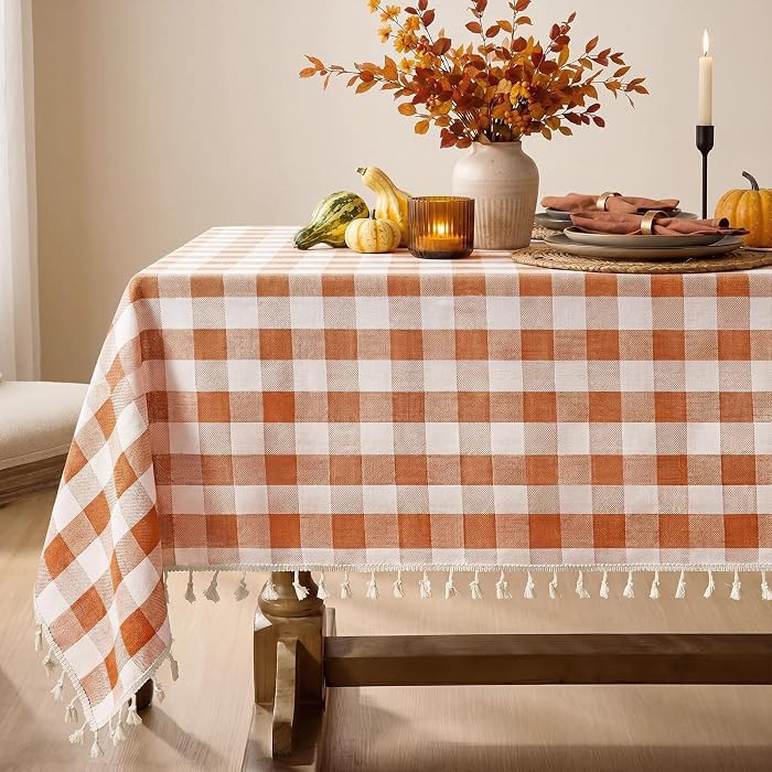 Softalker Fall Gingham Rectangle Tablecloth with Tassel, Orange, 55" x 70" | Amazon (US)