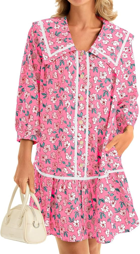 Wenrine Womens Casual Shirt Dresses 3/4 Long Sleeve Floral Button Down Flowy Babydoll Fall Mini D... | Amazon (US)
