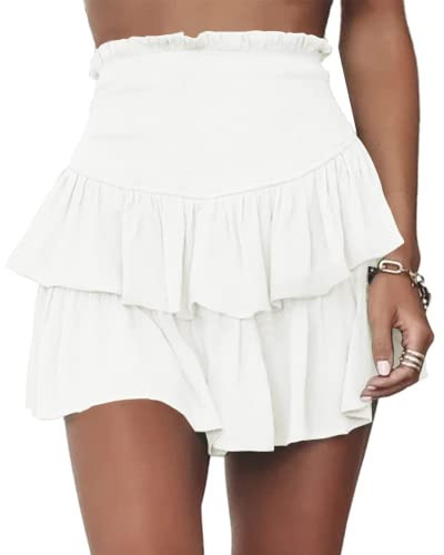 Meikulo Women Smocked Ruffle Mini Skirts Summer High Waisted Tiered Short Skirt with Shorts Underneath White, L | Amazon (US)