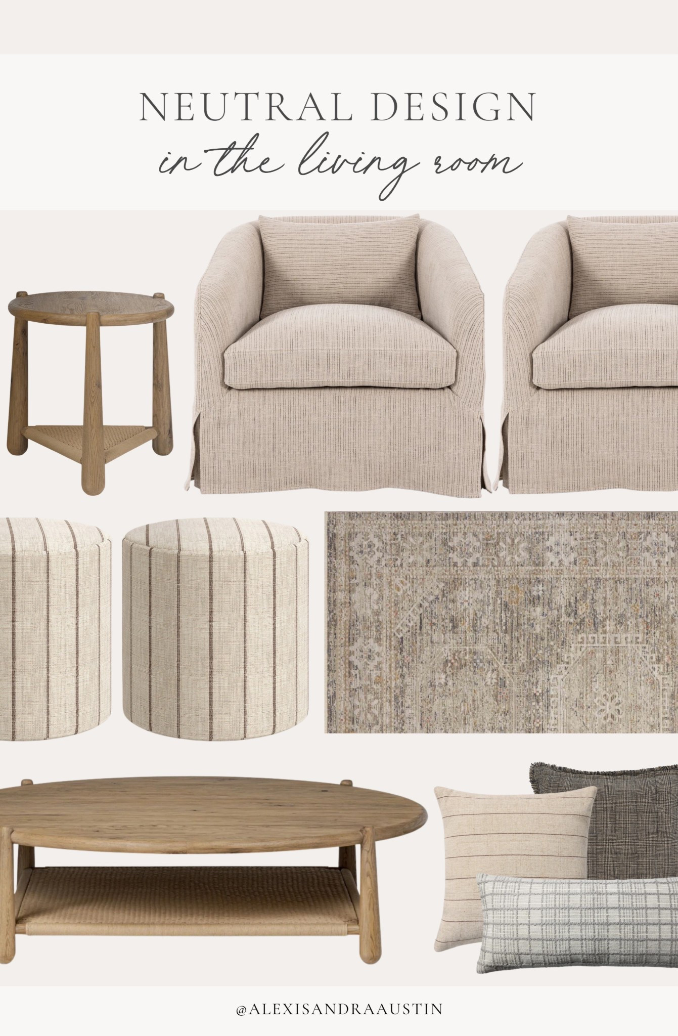 Neutral, collected design in the living room. Rounding up my own furniture staples that easily blend with a variety of furniture and decor elements for a spring living room space.

Home finds, neutral home inspo, collected style, accent chair, side table, neutral wood tones, neutral area rug, striped ottoman details, cozy throw pillow, round coffee table, bright and airy, spring refresh, timeless neutral inspo, quality over quantity, Wayfair, Four Hands, Amber Lewis, shop the look!