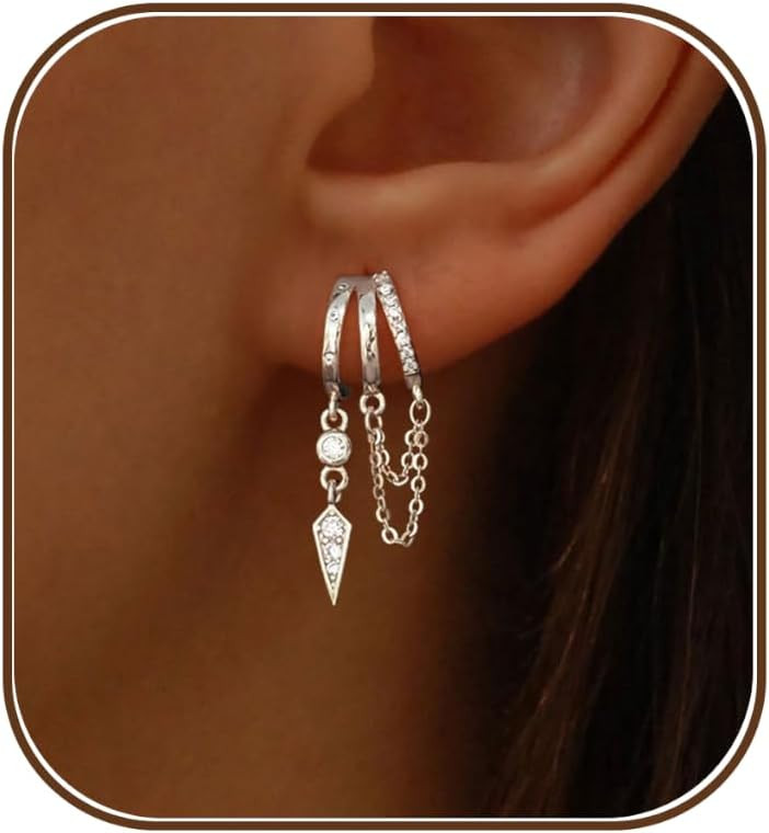 Dangle Earrings for Women,14k Gold Plated Triple Huggie Stud Earrings Cute Statement Chain Earring Dainty Drop Earrings for Women Trendy Gold Plated Jewelry | Amazon (US)