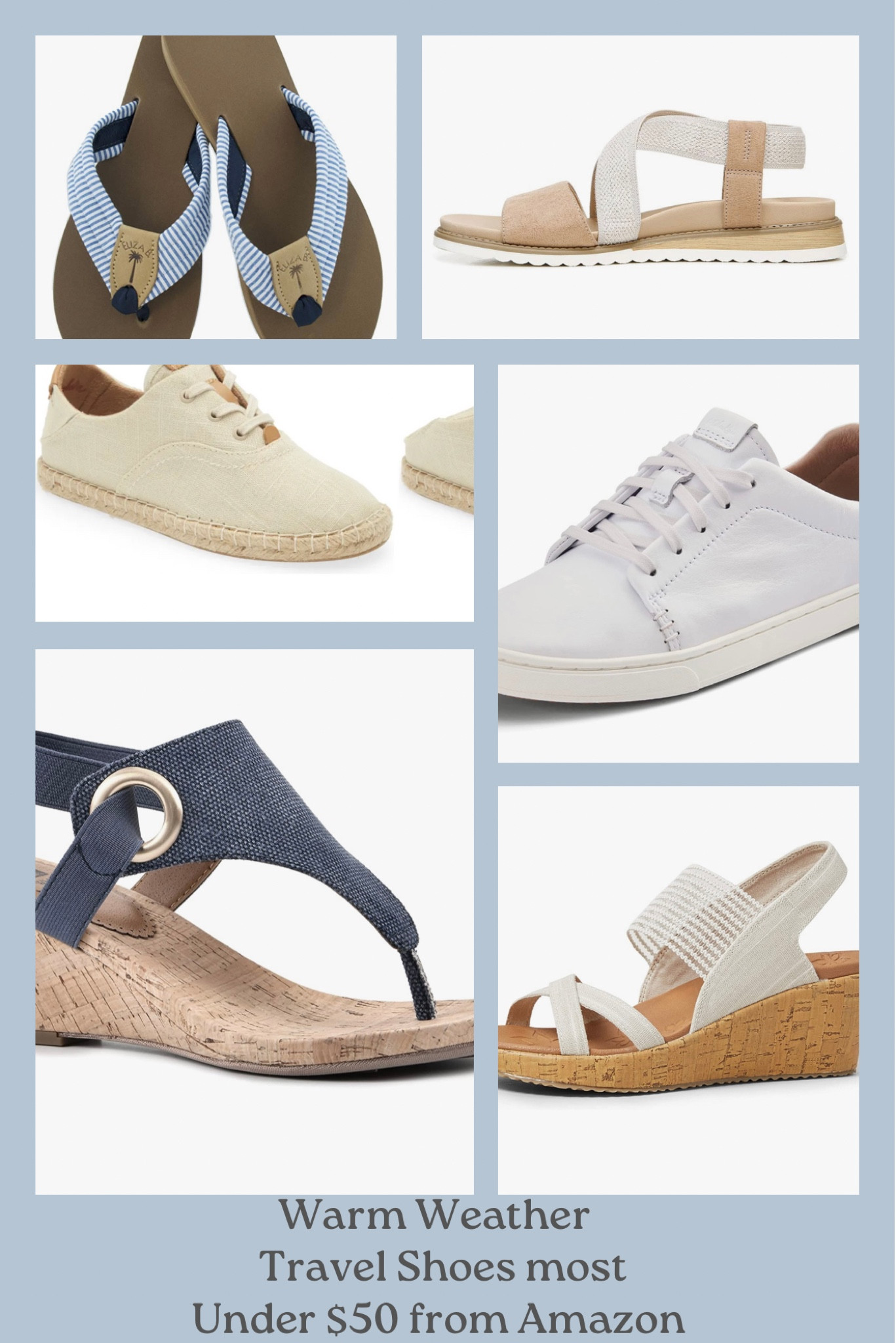 I limit myself to 3 pairs of shoes when traveling. For warm weather destinations, I pack a pair of flip flops, a pair of sandals and a pair of athletic shoes. The athletic shoes depend on what type of activities we have planned. Comfort is the most important thing  

#LTKSeasonal #LTKtravel #LTKshoecrush