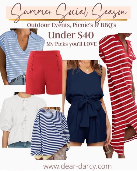 Summer social season - What to wear to at outdoor BbQ/ picnics

Under $40 and some pieces under $25 

These cute affordable finds are perfect all summer long can be mixed and matched .

These cute sailor shorts are darling with the white top or the stripe to dress up or wear casual. 

Stripe sweatshirt is a crazy good dupe for the free people 

The navy romper can also be dressed up or down paired with white leather tennis shoes or a darling sandal the stripe sweatshirt over shoulder is cute too!

This dress is darling on and comfy perfect for travel or throw over swimsuit for lunch at the beach!

#LTKFindsUnder50 #LTKStyleTip #LTKSaleAlert