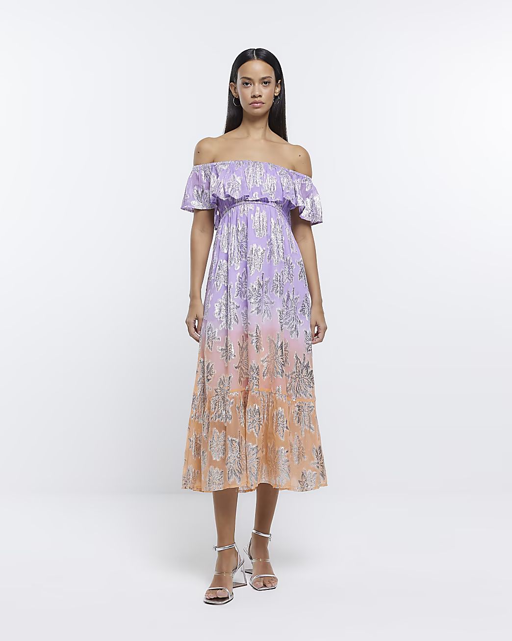 Purple frill detail bardot midi dress | River Island (US)