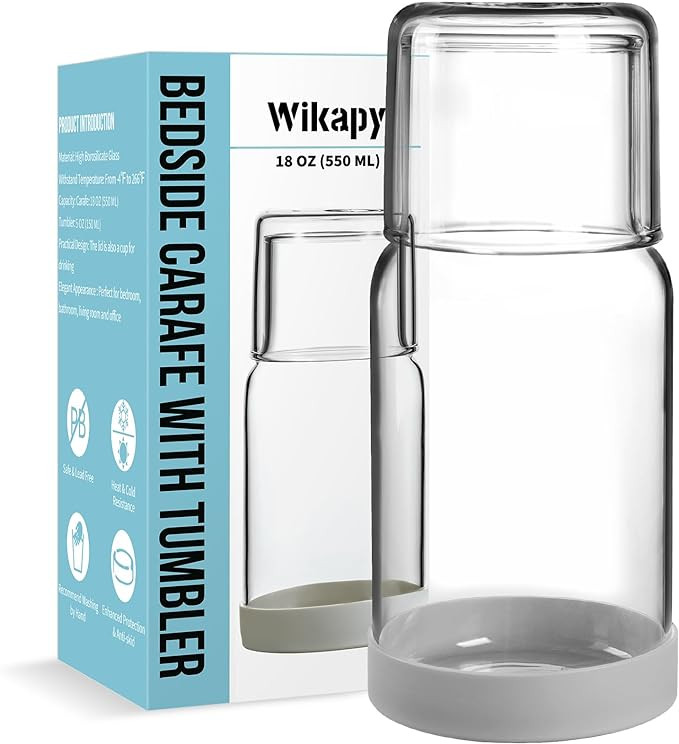 Wikapy Bedside Water Carafe and Glass Set With Silicone Coaster for Nightstand, Bedroom, 18 OZ Cl... | Amazon (US)