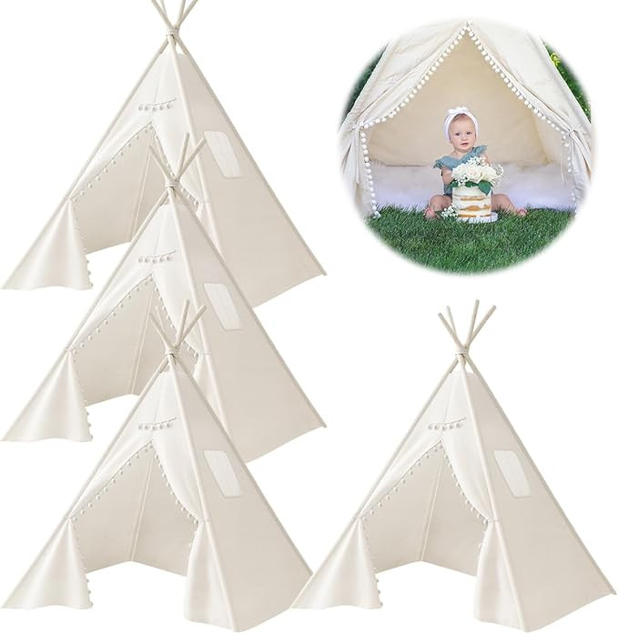 4 PCS Teepee Tent for Kids,Washable Tapered Kids Teepee Tent,Bohemian White Collapsible Sleepover... | Amazon (US)