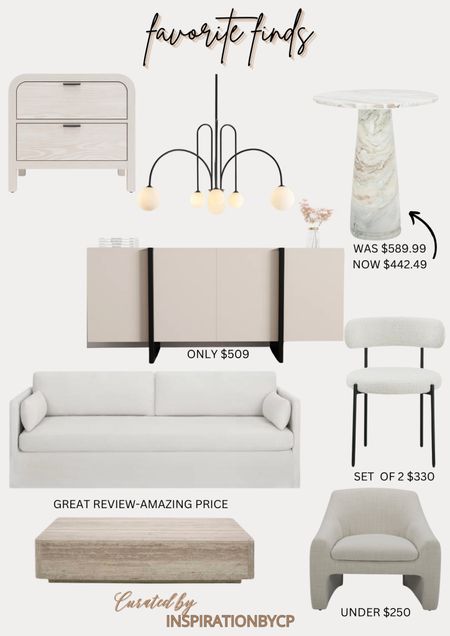 AFFORDABLE FURNITURE FINDS
Modern sideboard, marble table, travertine, loveseat, nightstand, lighting, modern chandelier, accent chair, dining chairs, look for less

#LTKsalealert #LTKhome