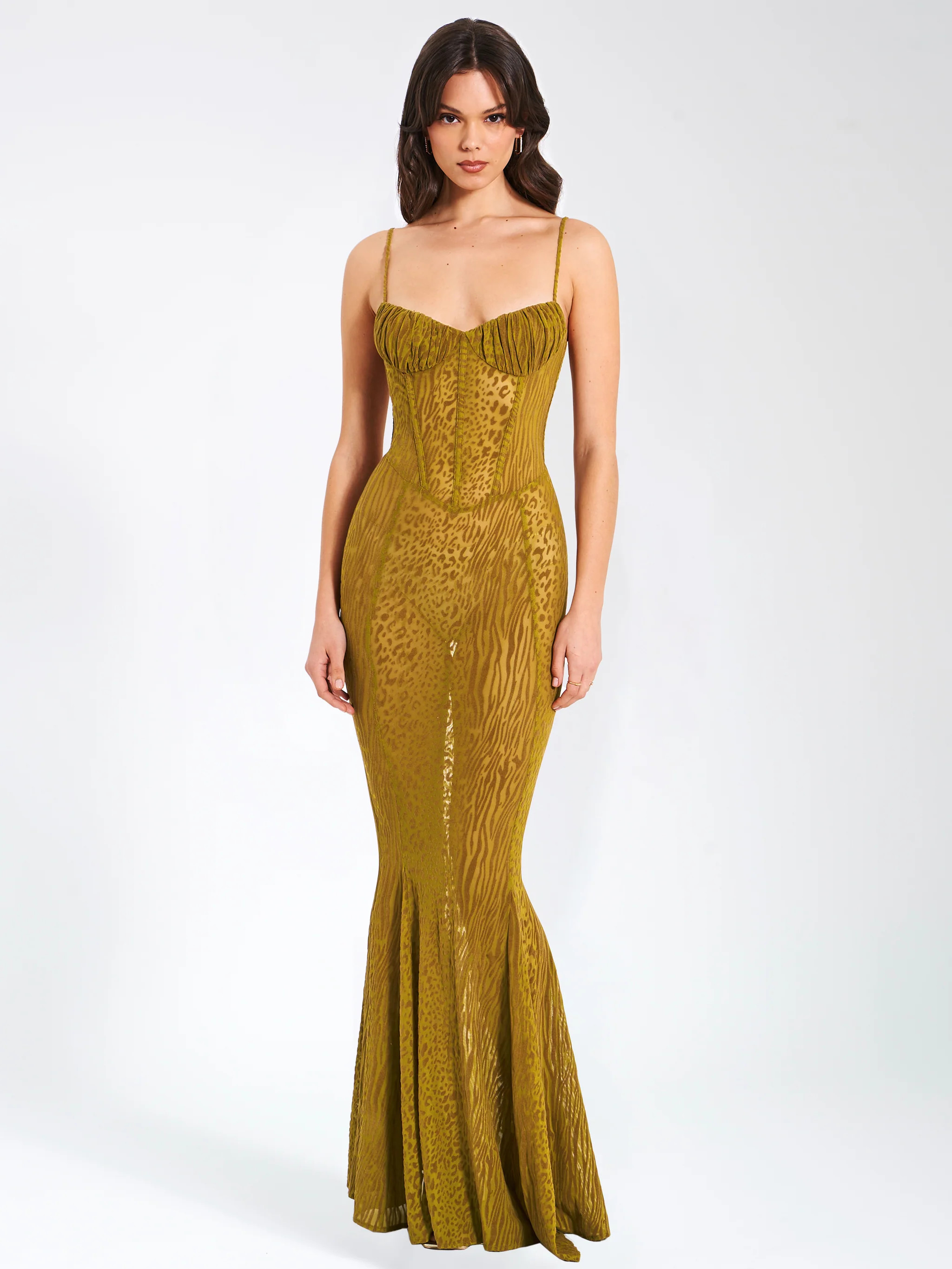 Ulani Gold Burnout Velvet Detail Mesh Maxi Dress | Miss Circle