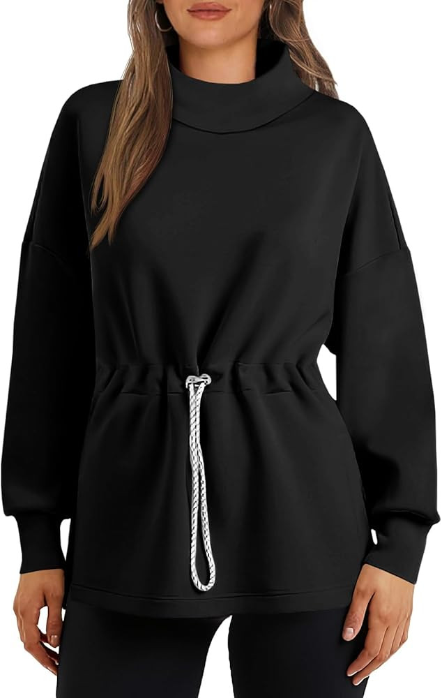 Women's Turtleneck Sweatshirts Long Sleeve Pullover Tops Side Slit Tunic Shirts with Drawstring W... | Amazon (US)