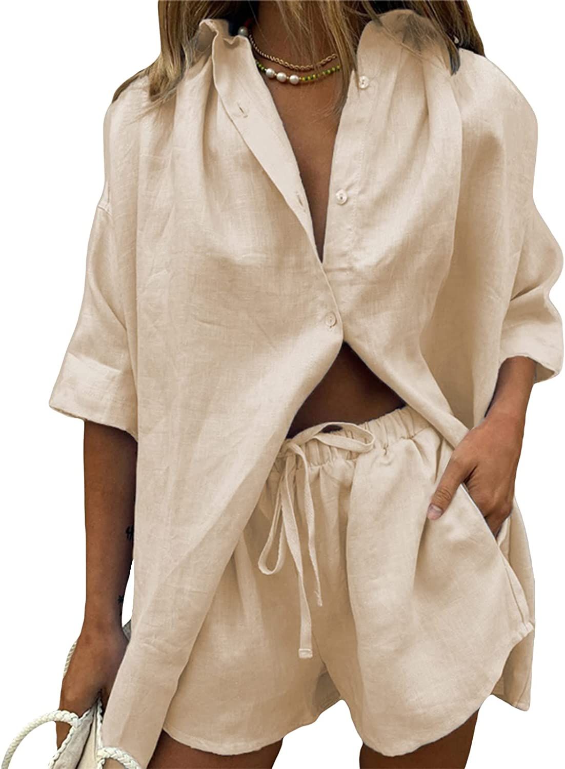 Mxiqqpltky Short Sets Women 2 Piece Outfits Casual Cotton Linen 3/4 Sleeve Shirts and High Waist ... | Amazon (US)