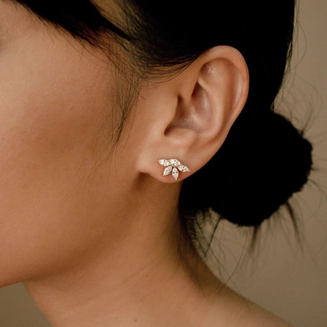 Marquise Diamond Earrings in Gold & Silver Flower Stud Earrings Crystal Earrings Bridesmaid Jewel... | Etsy (US)