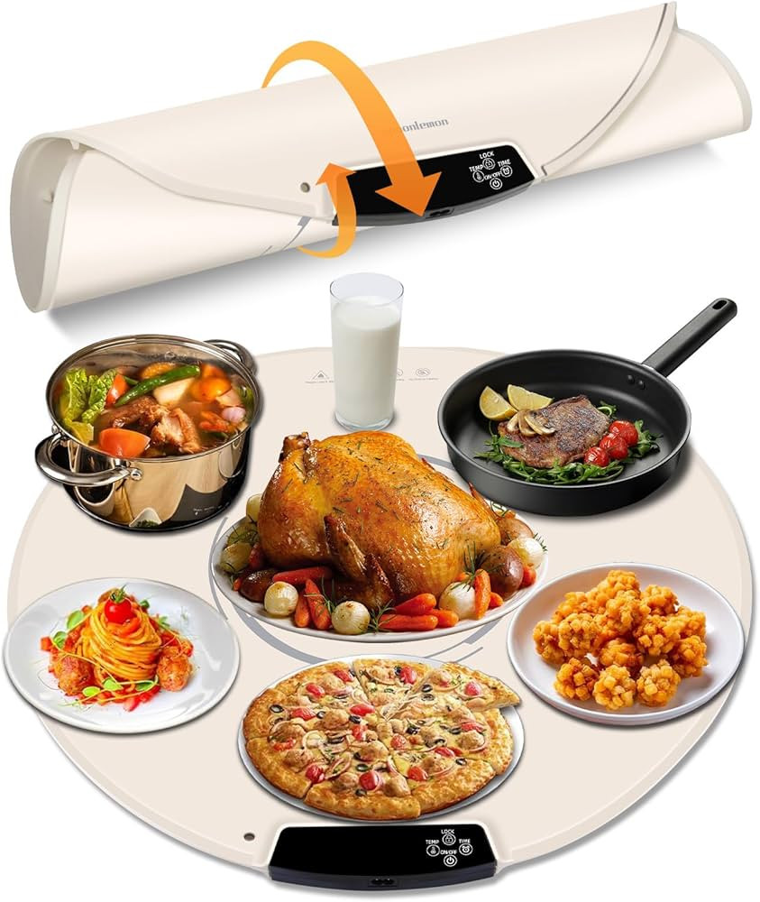 Round Electric Warming Tray Full-Surface Heating Mat with Adjustable Temp & Time, Foldable & Port... | Amazon (US)