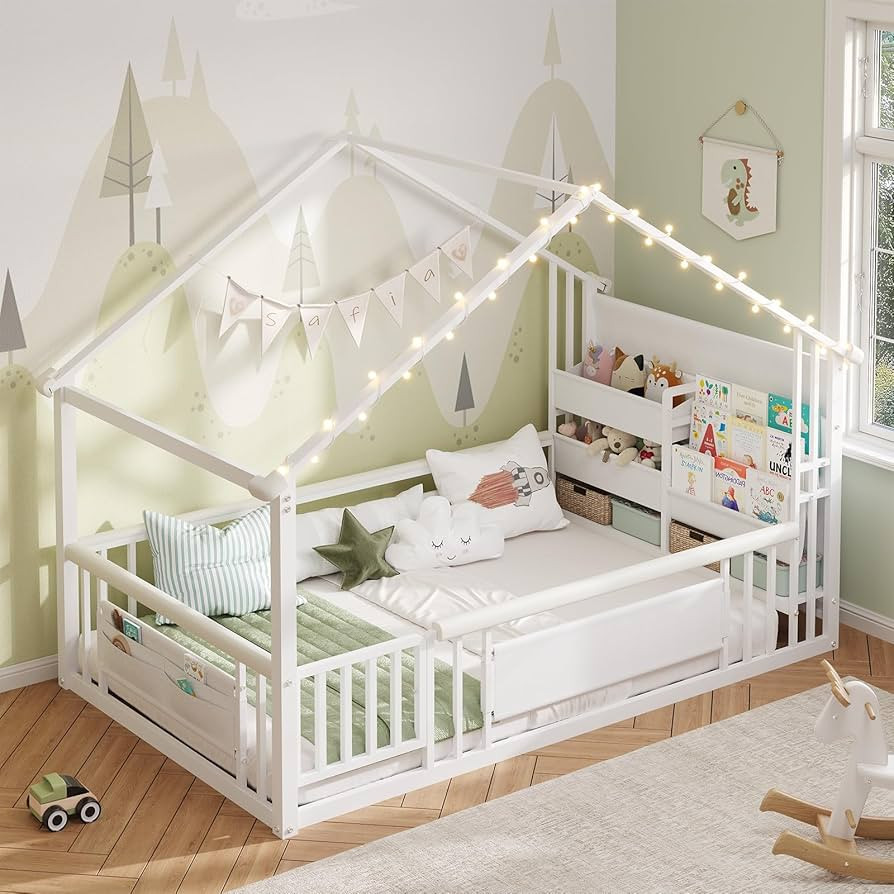 DICTAC Twin Montessori Floor Bed with Storage Bookshelf and Globe String Lights House Metal Floor... | Amazon (US)