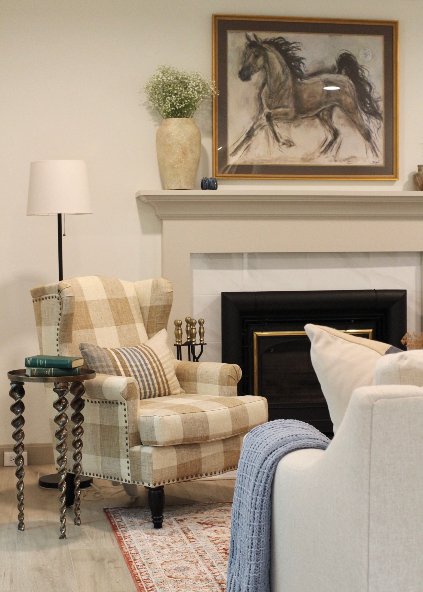 Living room accent chair living room design side table floor lamp plaid chairs cream sofa area rug mcgee and co pottery barn interior design fireplace home decor home design 

#LTKfamily #LTKunder100 #LTKhome