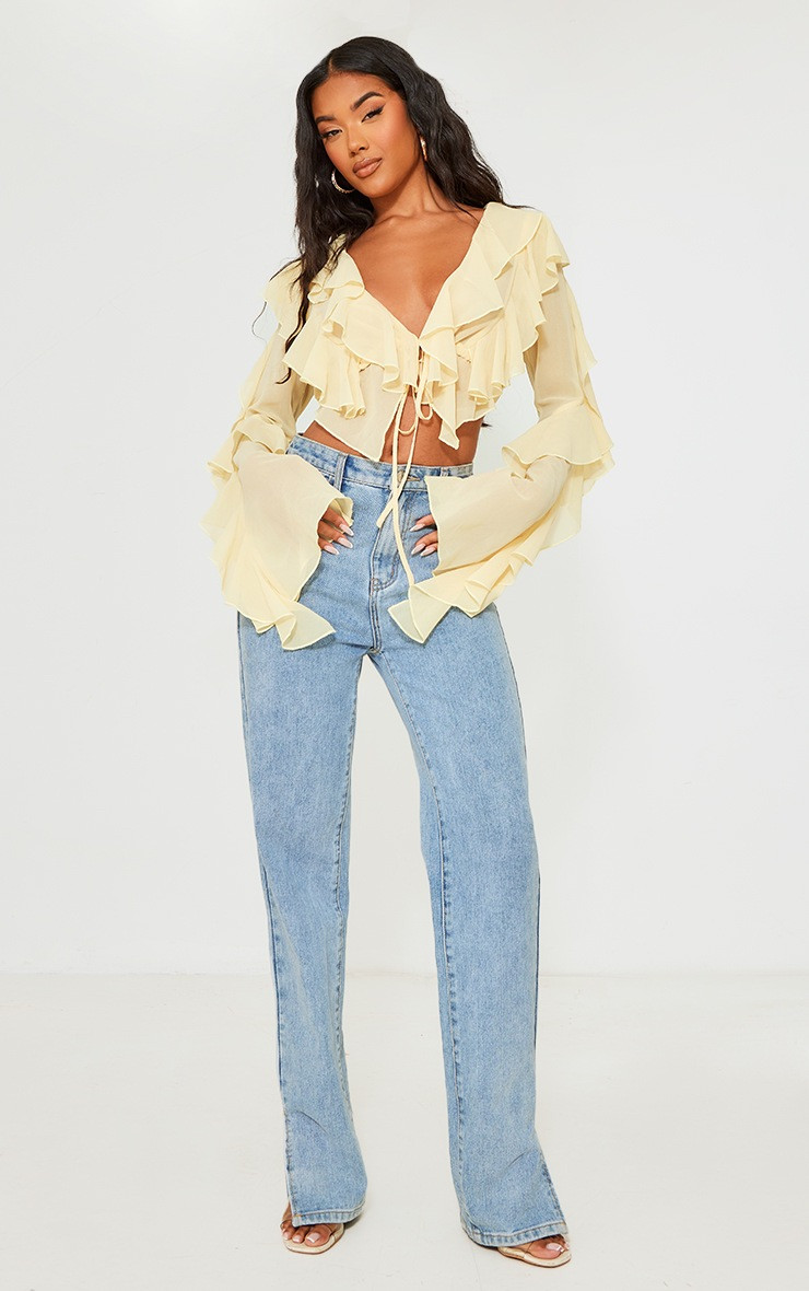 Lemon Extreme Frill Tie Front Flare Sleeve Blouse | Pretty Little Thing (Australia & New Zealand)