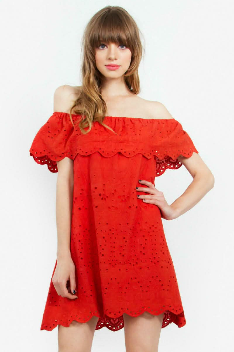 Red Eyelet Off-the-Shoulder Dress - Shift Dress | Boho Pink | Boho Pink