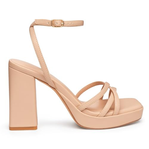 Trary Nude Heels for Women, Square Toe Nude Platform Heels, Chunky Heel Nude Shoes for Women Dressy, Strappy Heels for Women, Chunky Heels, Nude Short Heels, Block Heels, Nude Herls, Thick Heels Prom | Amazon (US)