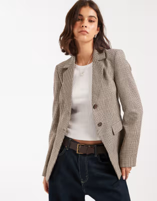 Miss Selfridge cinch blazer in neutral check | ASOS (Global)