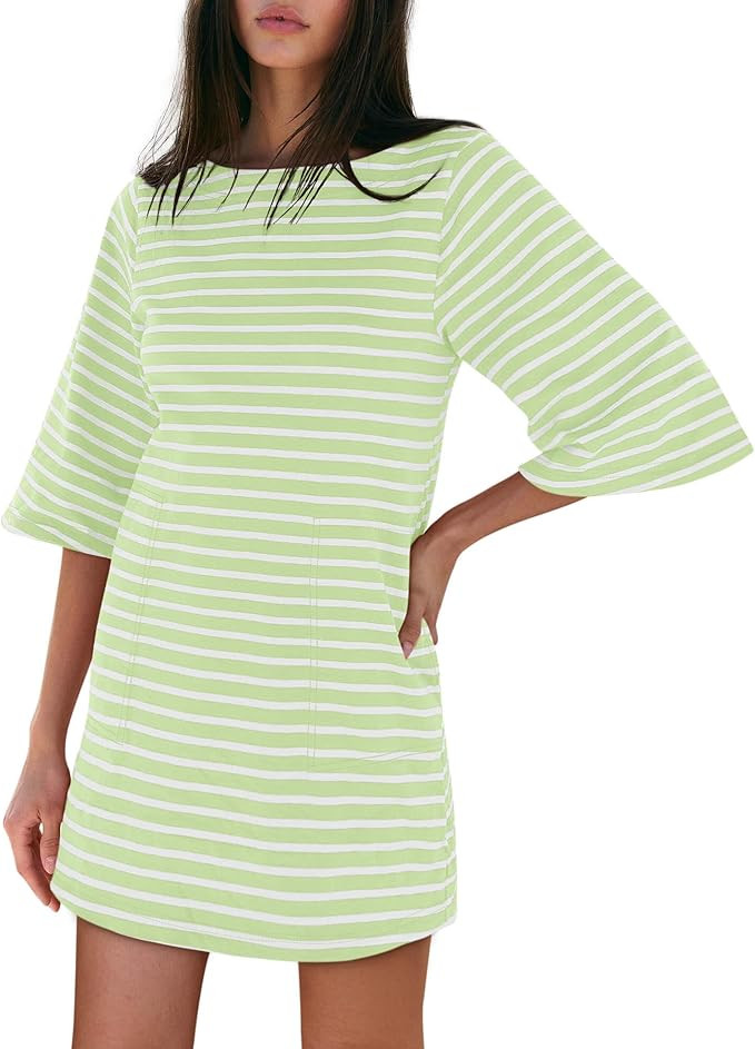 Yousify Women’s T Shirt Dress Cotton Summer Dresses 2025 Casual Loose Short Sleeve Striped Mini... | Amazon (US)