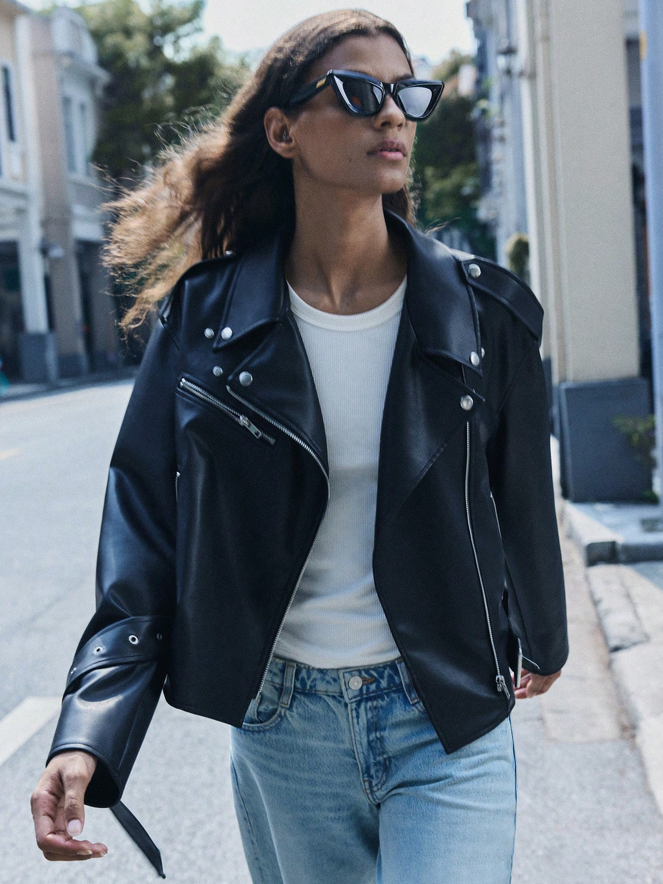 Maija Women's Black Faux Leather Solid Color Zip-Up All-Match Casual Long Sleeve Jacket For Fall/... | SHEIN