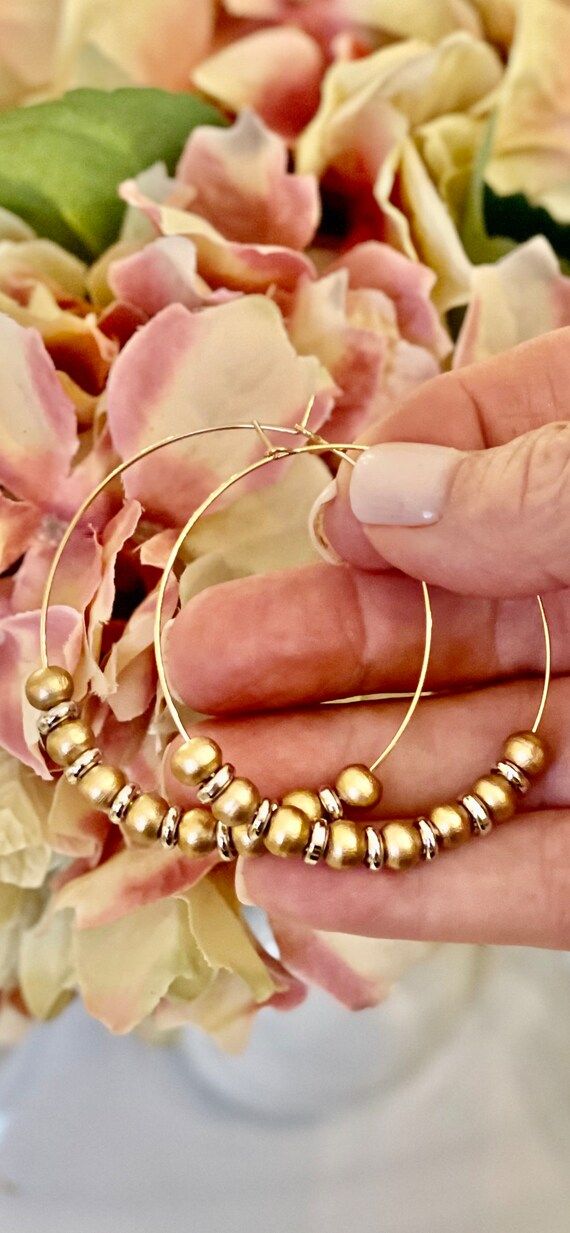 6mm Gold Wooden Beads/Silver Spacers on Gold Hoops | Etsy | Etsy (US)