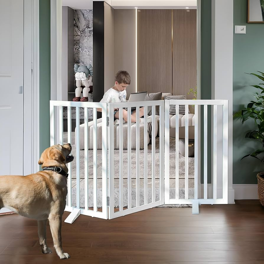 ZJSF Freestanding Indoor Dog Gate for House Foldable Wood White Puppy Gate for Doorways Pet Gate ... | Amazon (US)